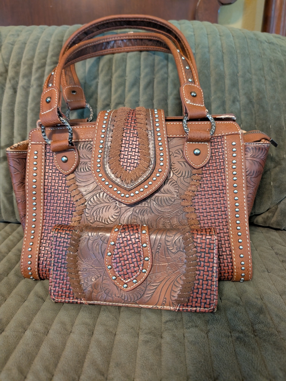 Trinity Ranch Brown Embossed Woven Leather C&C Satchel and Wallet